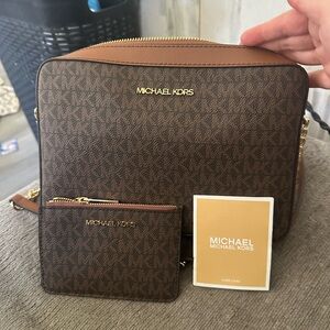 Michael Kors Brown Monogram Crossbody with Tan Trim and Gold Hardware
